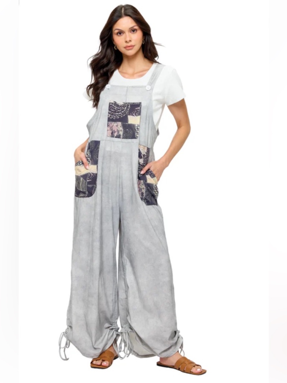 New Floral Mandala Patchwork Grey Adjustable Drawstring Hem Overall/Jumpsuit S/M